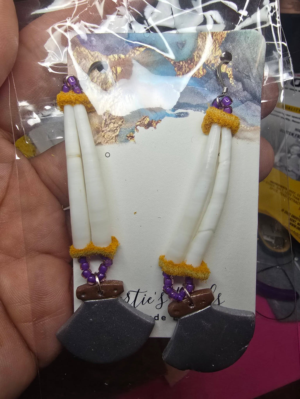 Polymer clay ulluaq earrings with dentalium shell