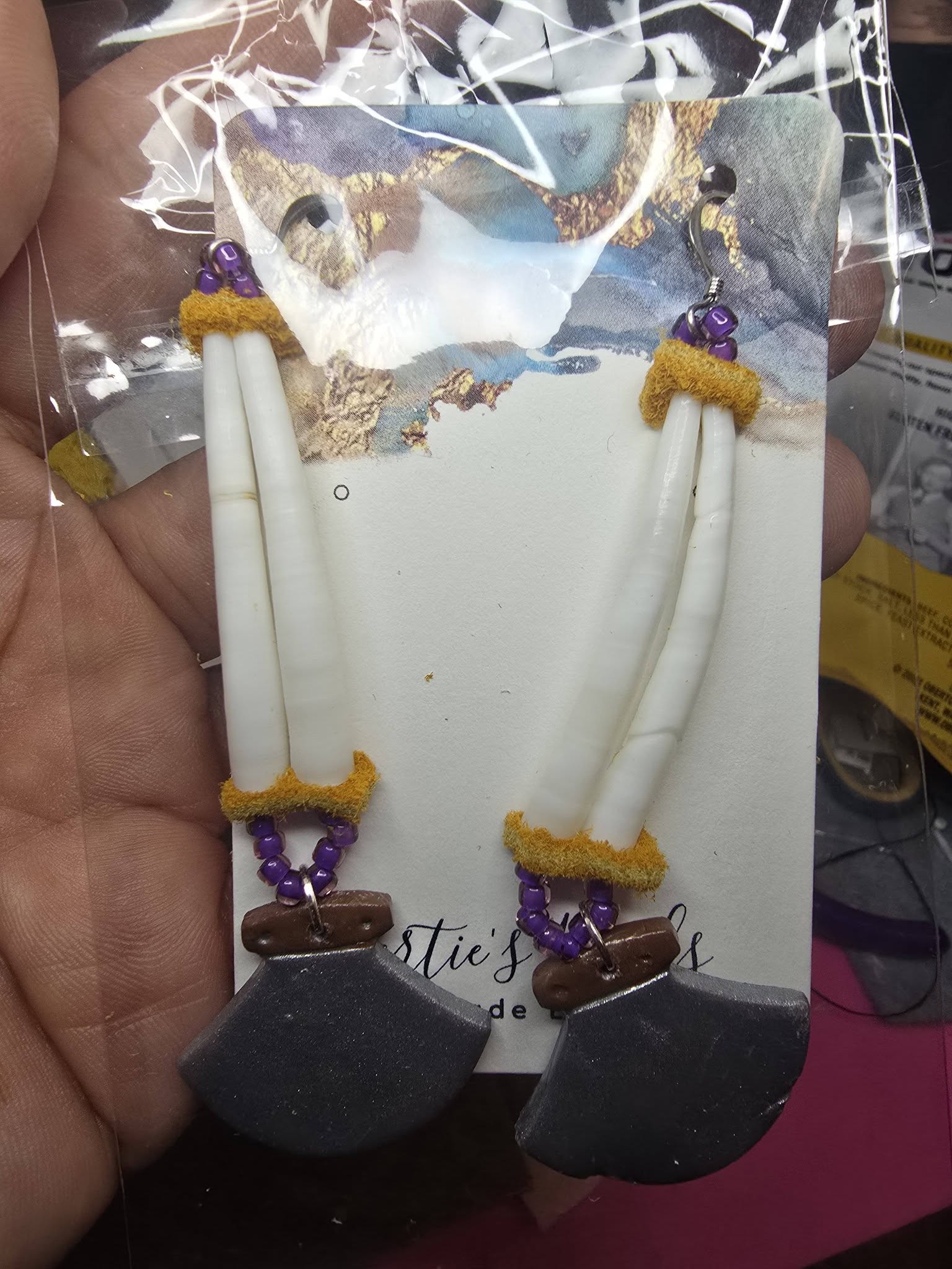 Polymer clay ulluaq earrings with dentalium shell