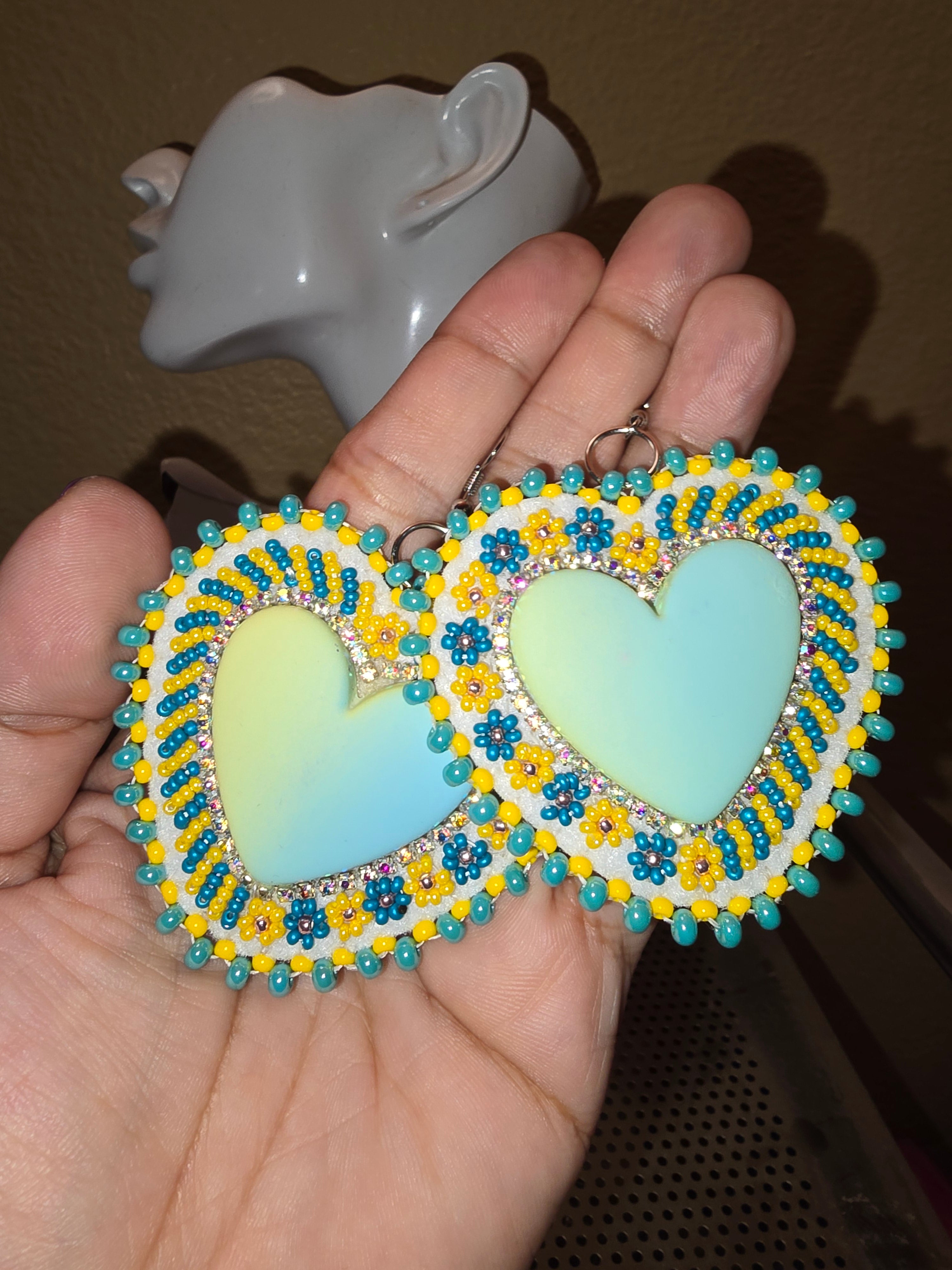Large Heart Cabochon with turquoise and yellow beads. Lightweight.